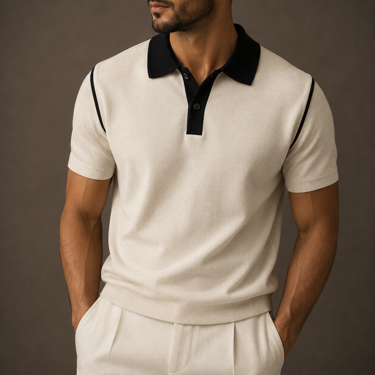 Man wearing a cream knit polo with a black contrast collar