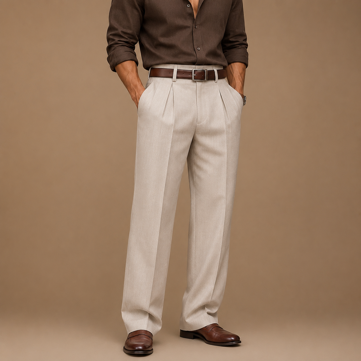 Man wearing light-beige pleated linen trousers with a brown shirt