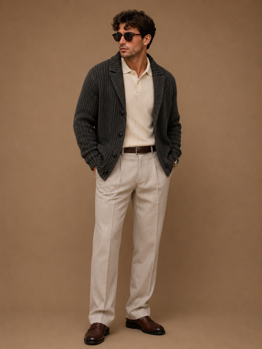 Man wearing a charcoal shawl-collar cardigan with cream trousers