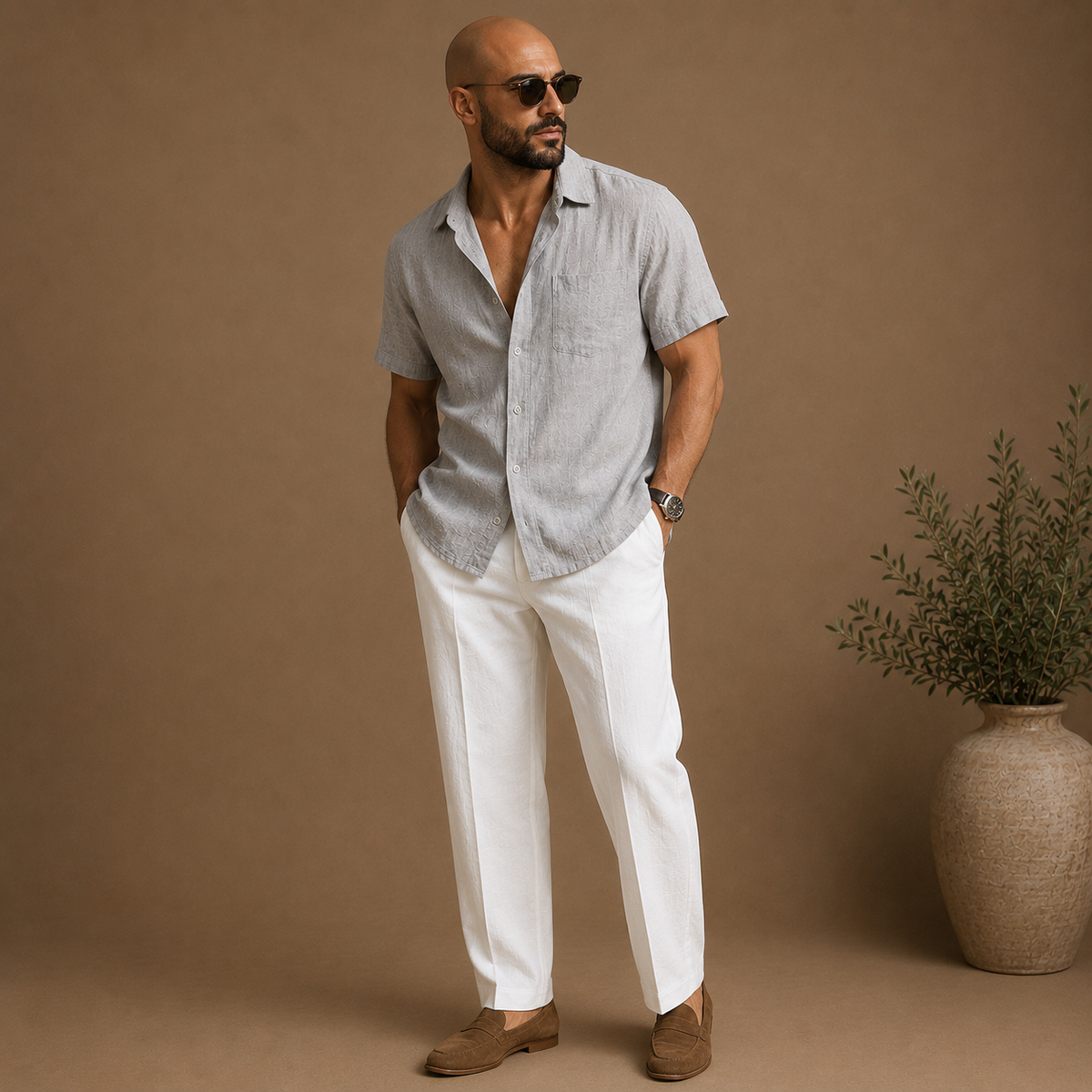 Man wearing a light-gray short-sleeve button-front shirt with white trousers
