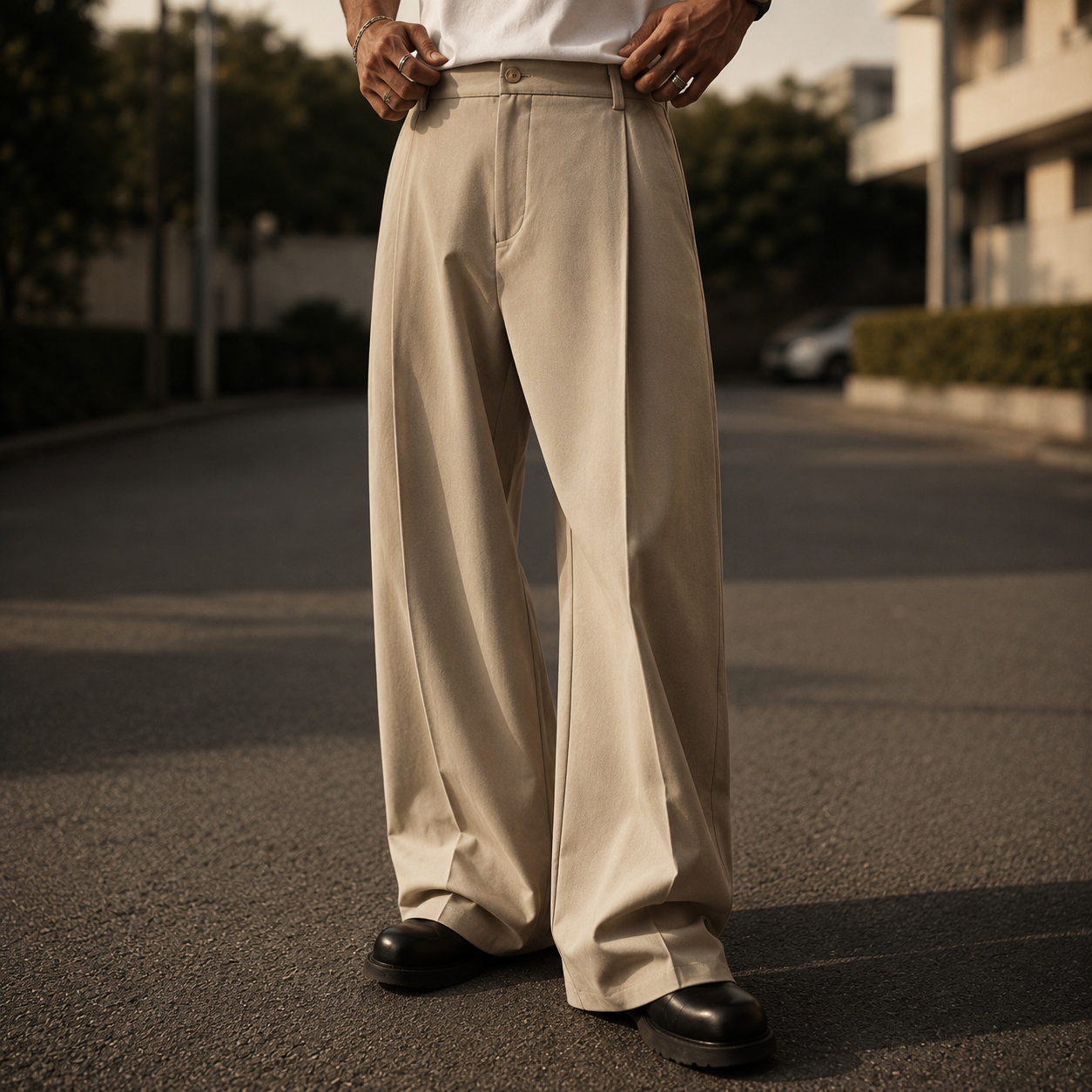 Man wearing khaki pleated straight-leg trousers