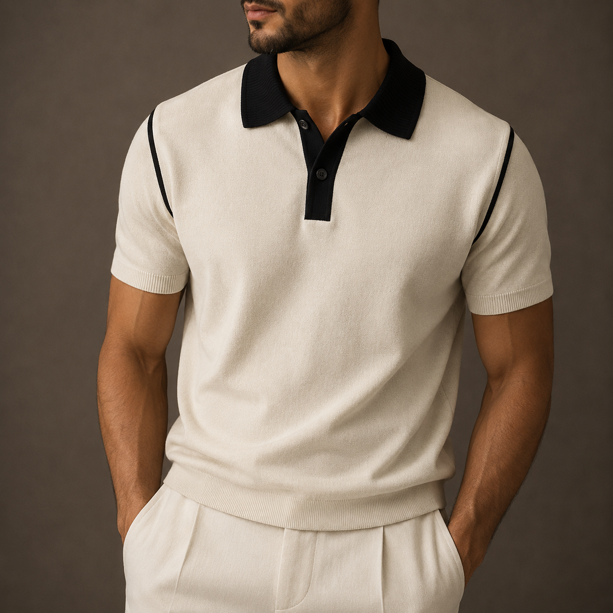 Man wearing a beige knit polo with black contrast collar and placket