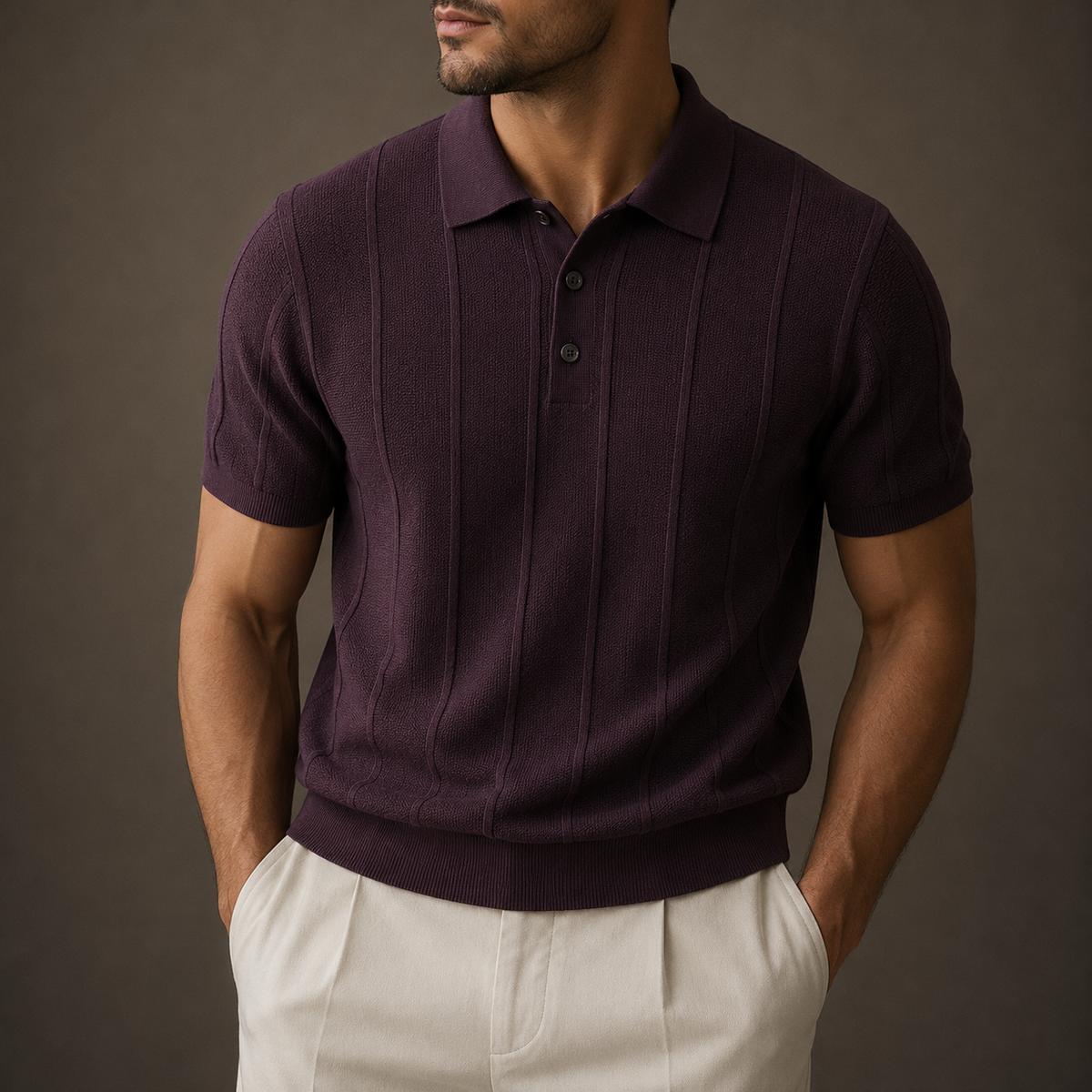 Man wearing a burgundy textured knit polo with vertical rib detail