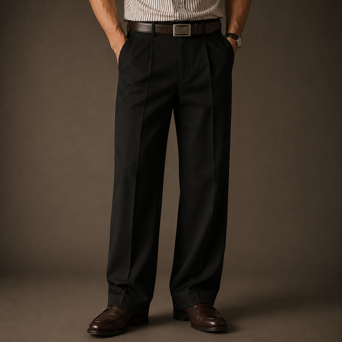 Man wearing black double-pleat straight-leg trousers