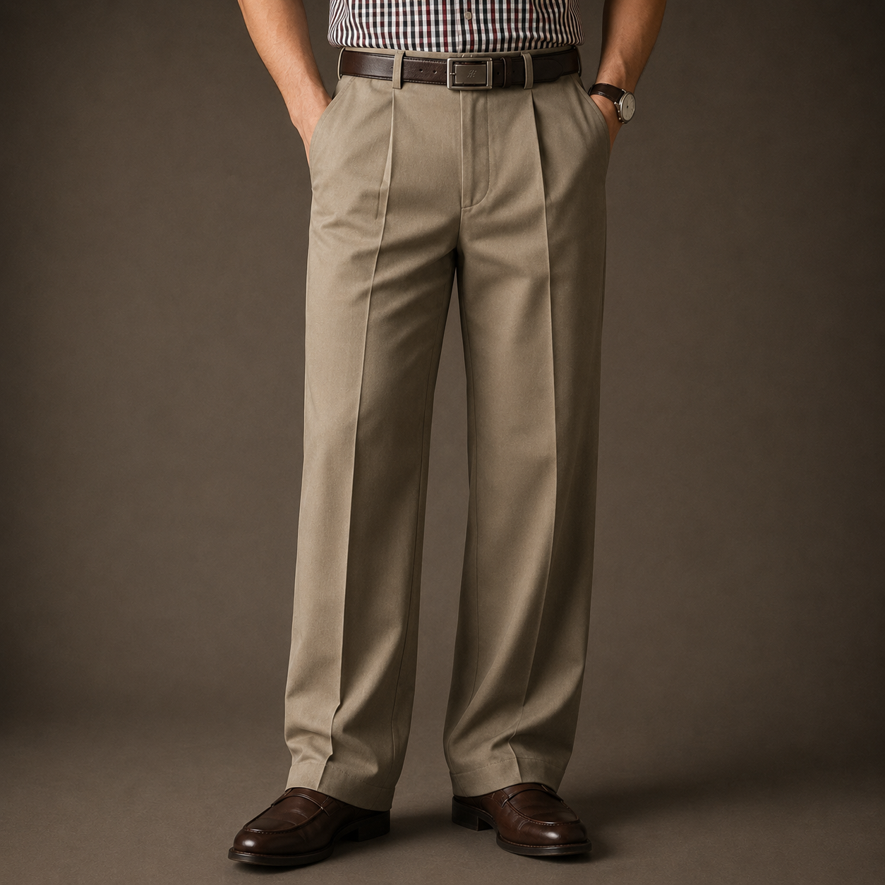 Man wearing khaki double-pleat straight-leg trousers