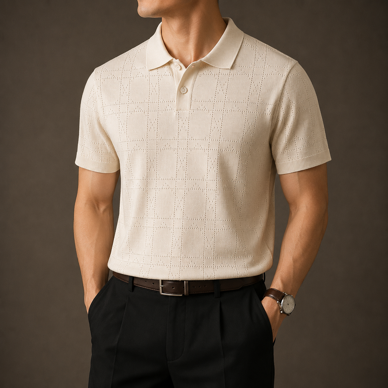 Man wearing a cream open-knit polo with black trousers