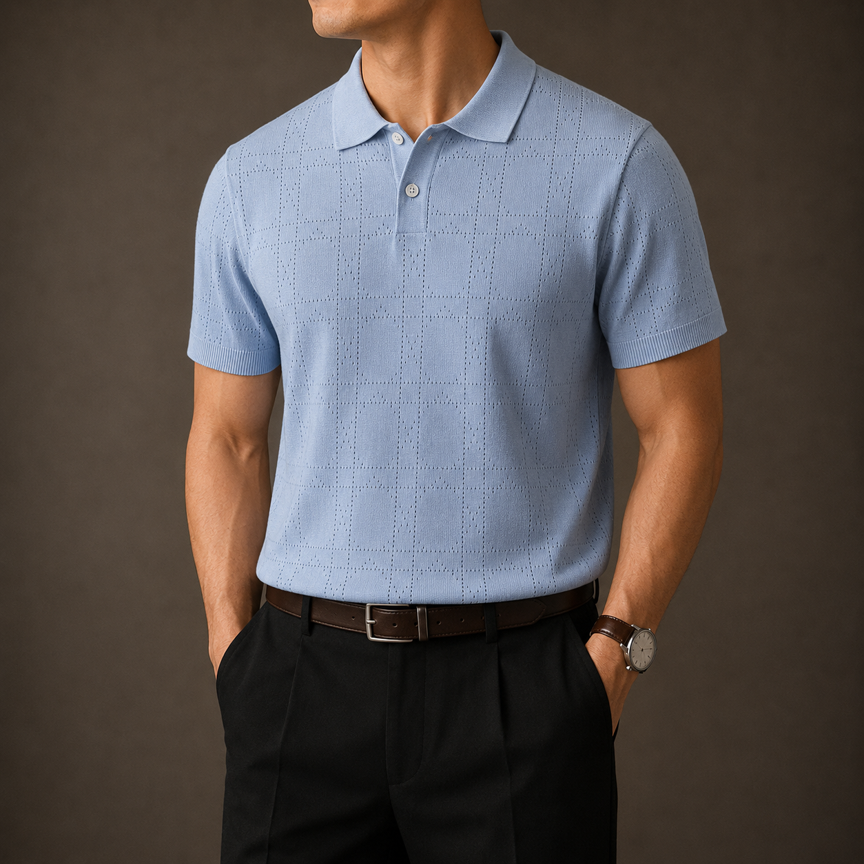 Man wearing a light-blue open-knit polo with black trousers