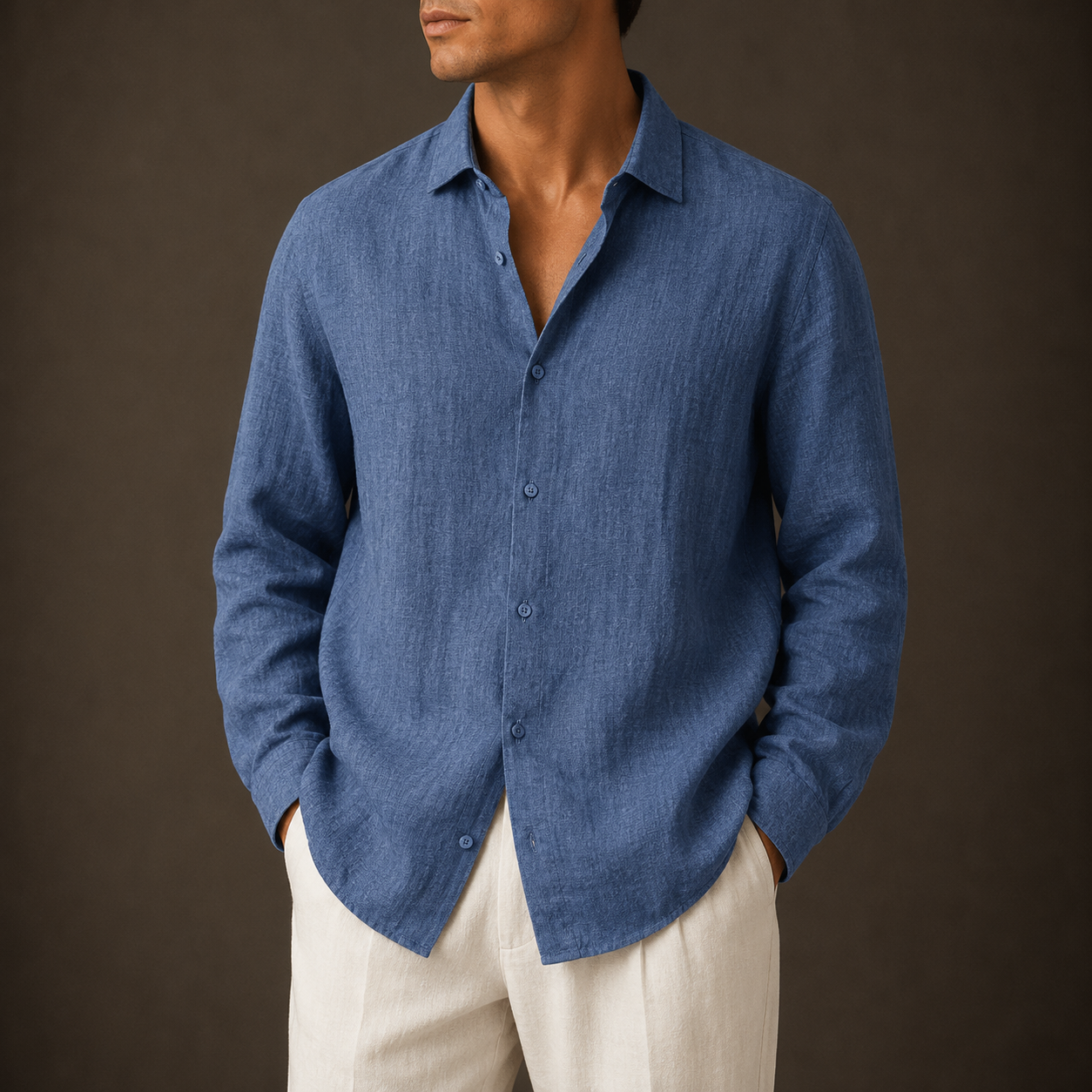 Man wearing a blue relaxed long-sleeve shirt with cream trousers