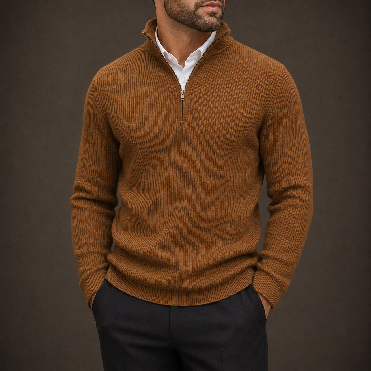 Man wearing a brown ribbed quarter-zip over a white shirt