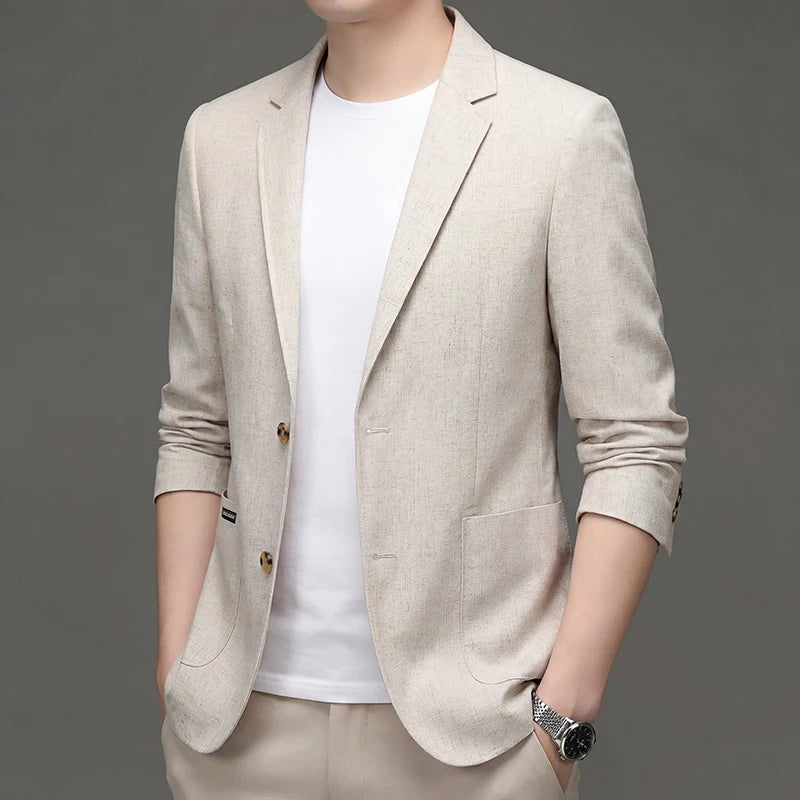 Front view of an apricot lightweight blazer with patch pockets