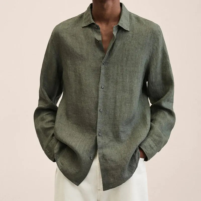 Man wearing an olive relaxed long-sleeve shirt