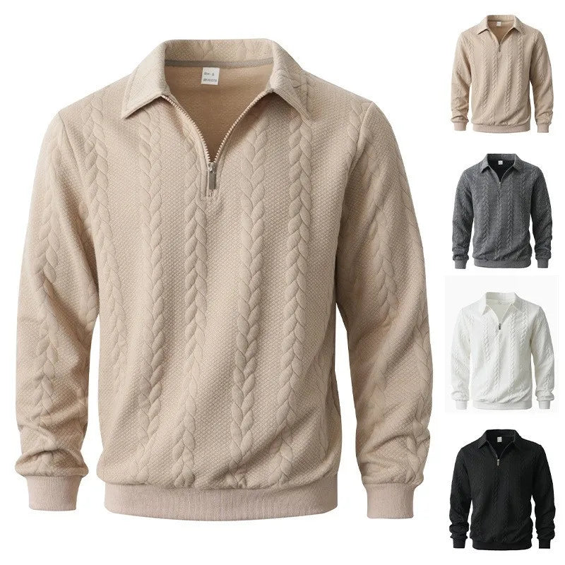 Khaki jacquard quarter-zip shown with available color options