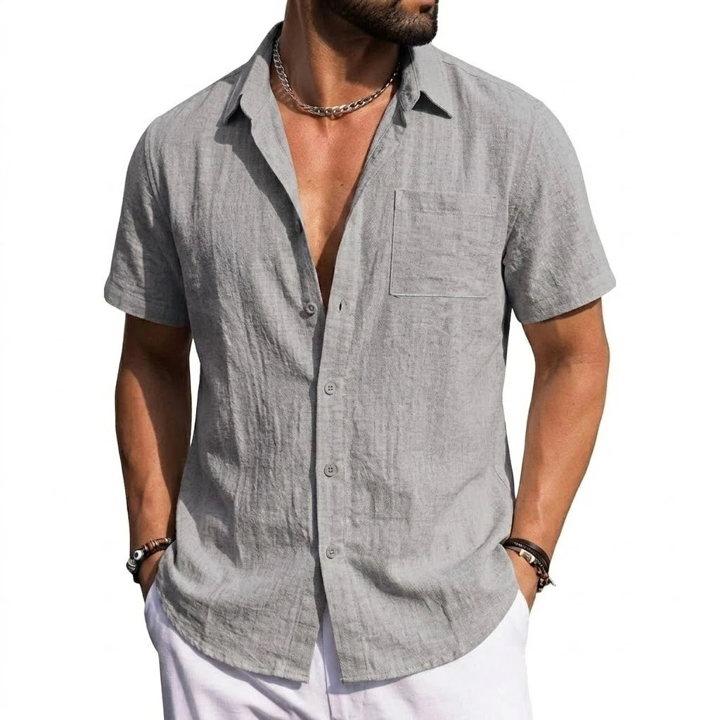 Front view of the gray short-sleeve shirt with chest pocket