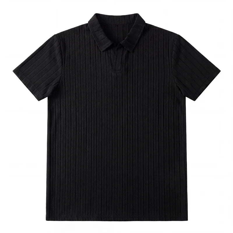 Black ribbed knit polo on a plain background
