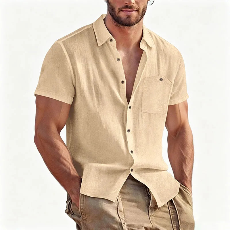 Front view of the beige linen-blend shirt with buttoned chest pocket