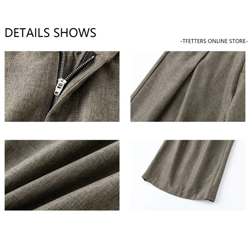 Close-up collage of zipper, fabric, pleat and trouser hem details