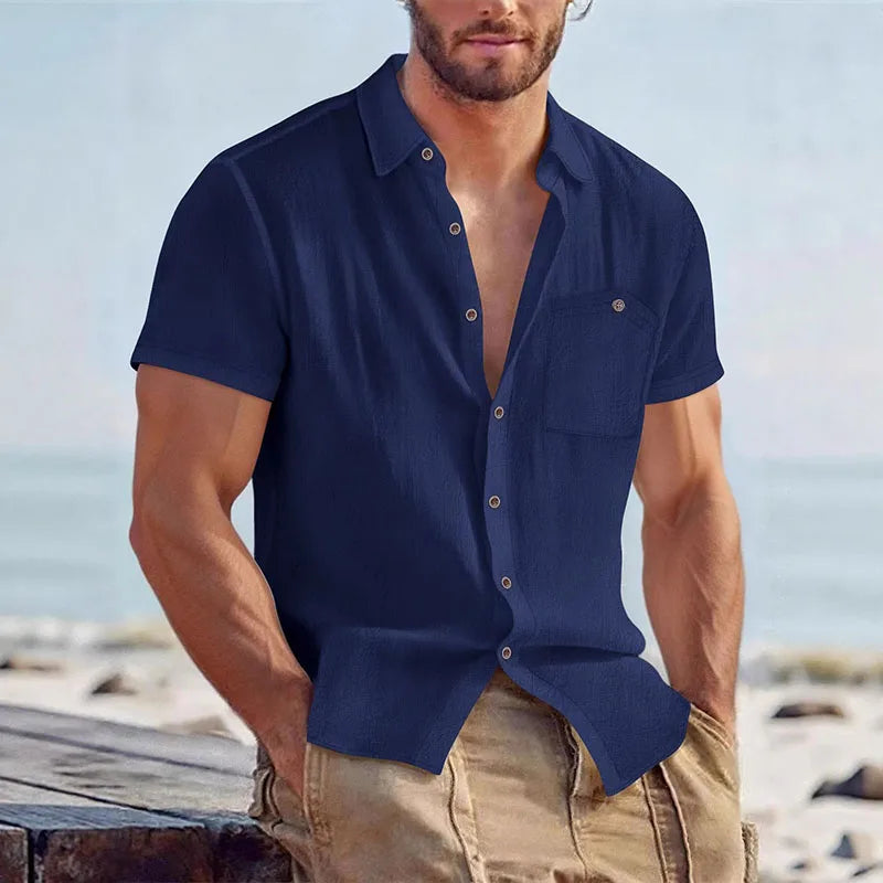 Man wearing a navy linen-blend short-sleeve shirt