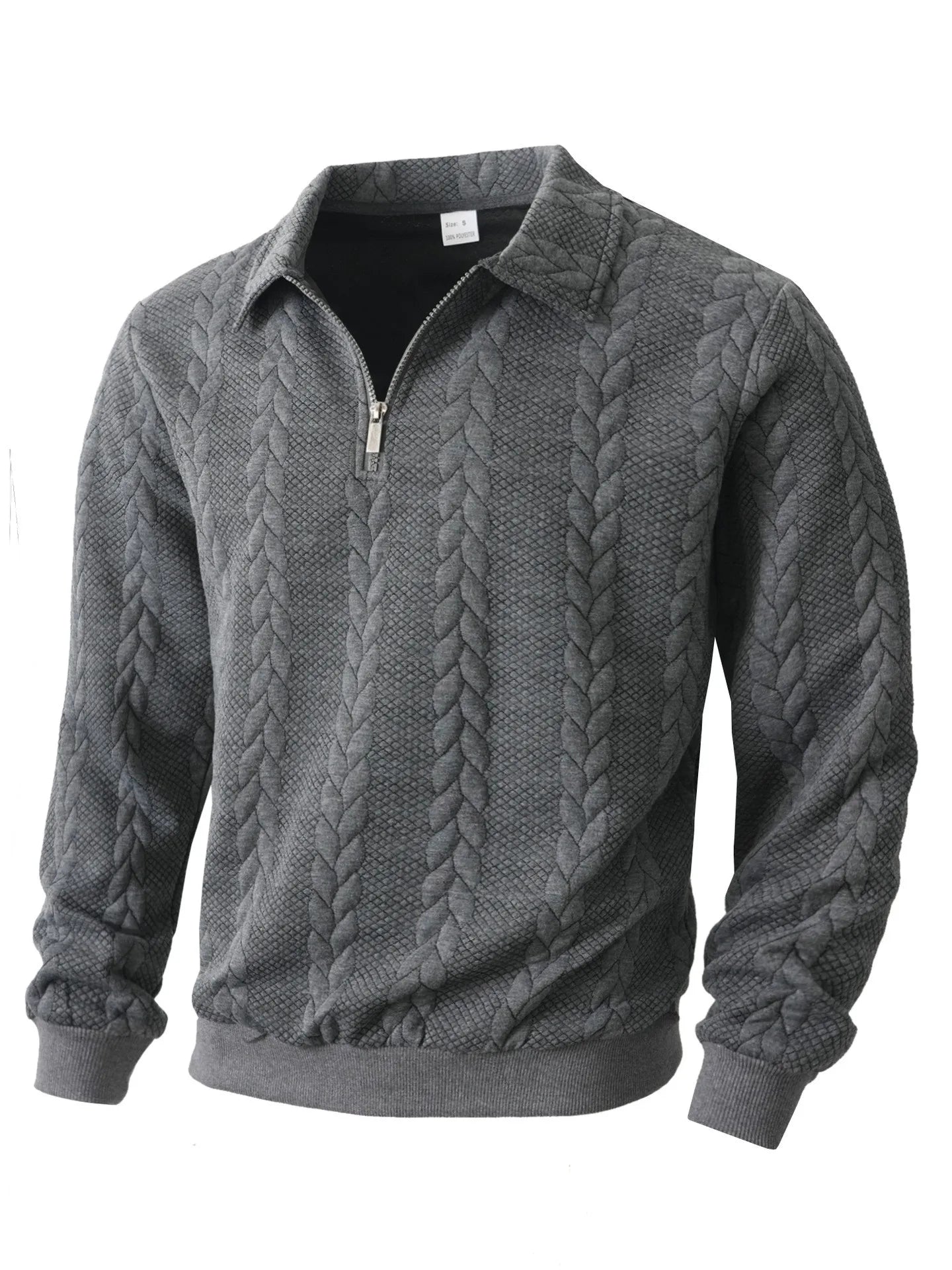 Gray jacquard quarter-zip sweater with textured front