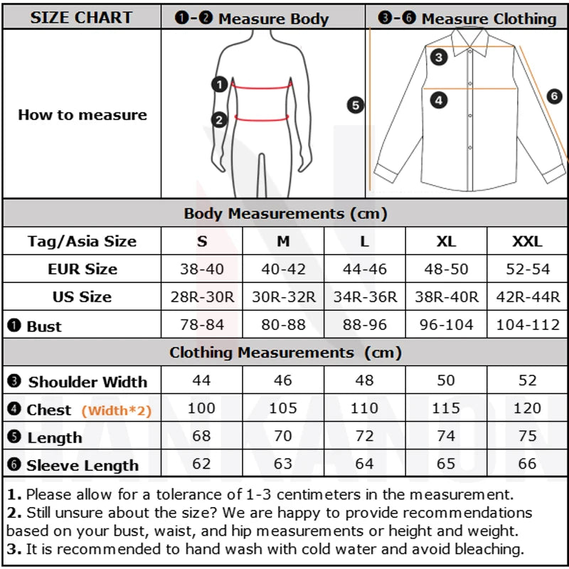 Size and garment measurement chart for the Mandarin-Collar Linen Shirt