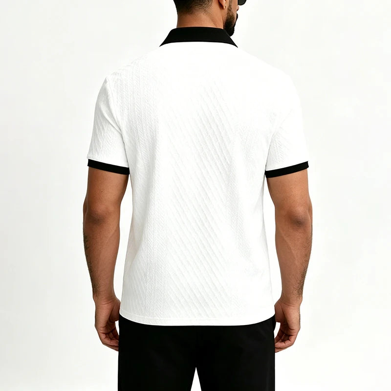Back view of a white contrast-trim jacquard polo on a man
