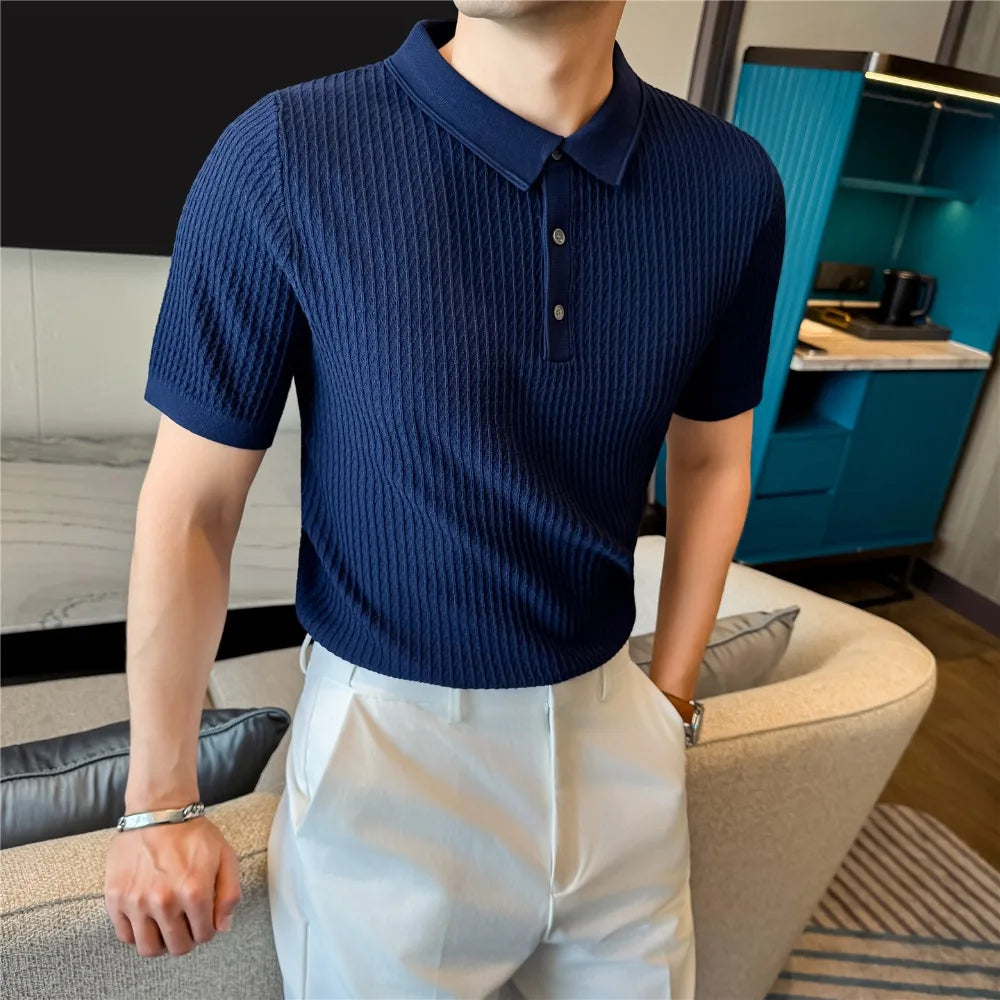 Man wearing a blue slim-fit ribbed knit polo
