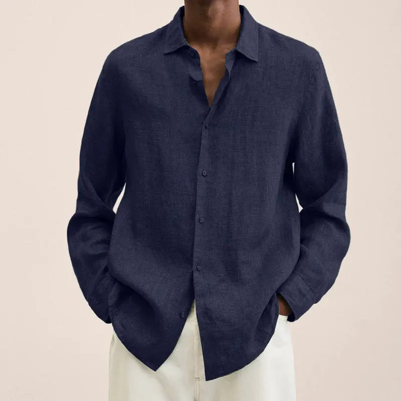 Man wearing a navy relaxed long-sleeve shirt