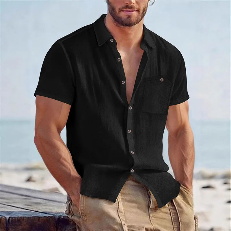 Man wearing a black linen-blend short-sleeve shirt
