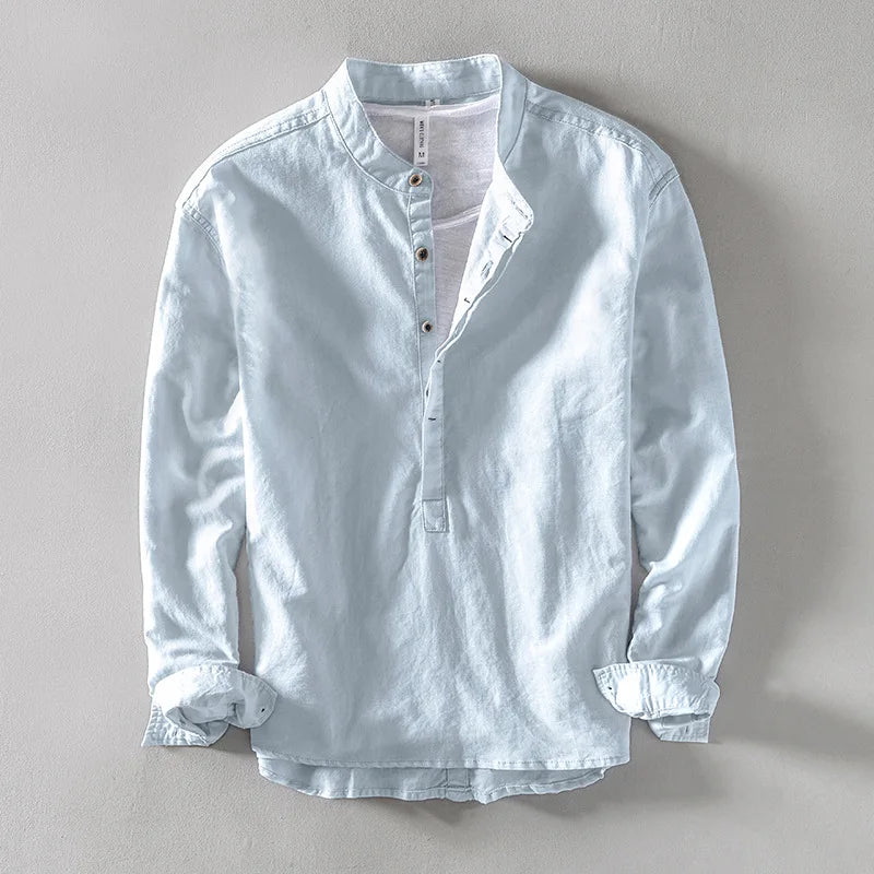 Sky-blue Mandarin-collar linen shirt with partial button placket