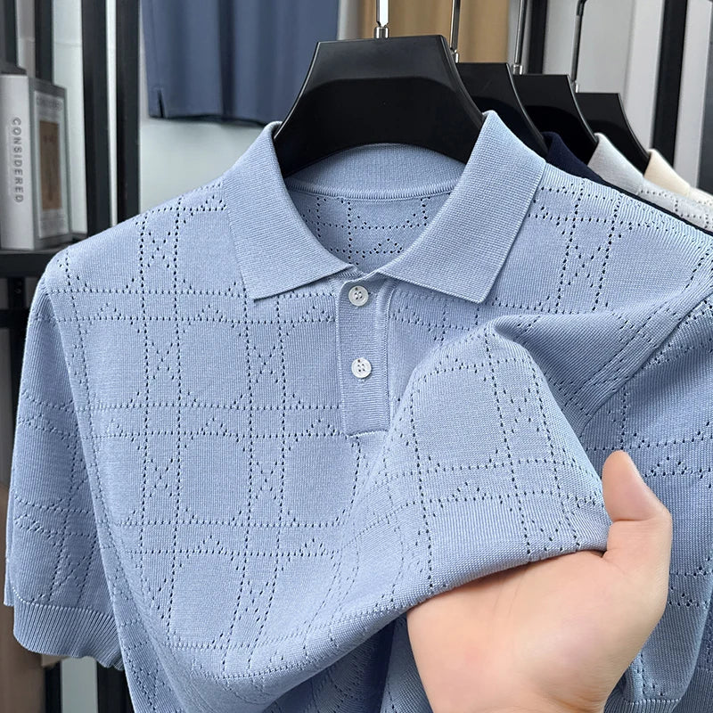 Light-blue open-knit polo on a hanger