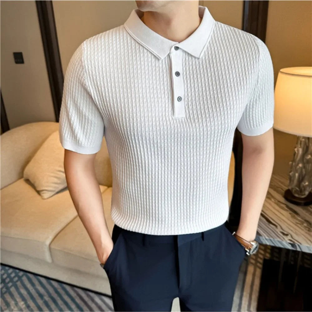 Man wearing a white slim-fit ribbed knit polo