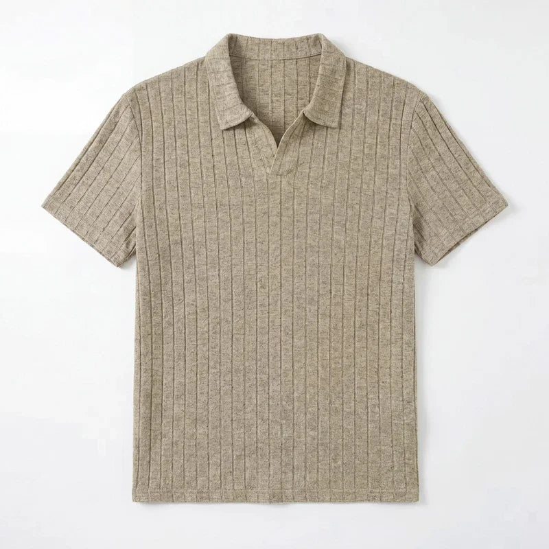 Khaki ribbed knit polo on a plain background
