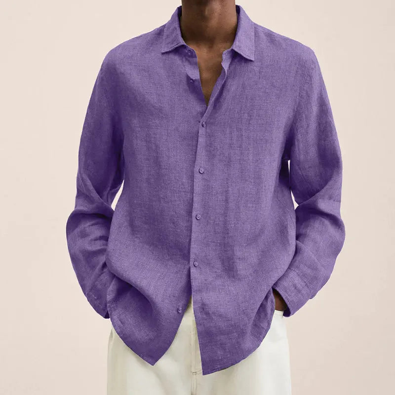 Man wearing a purple relaxed long-sleeve shirt