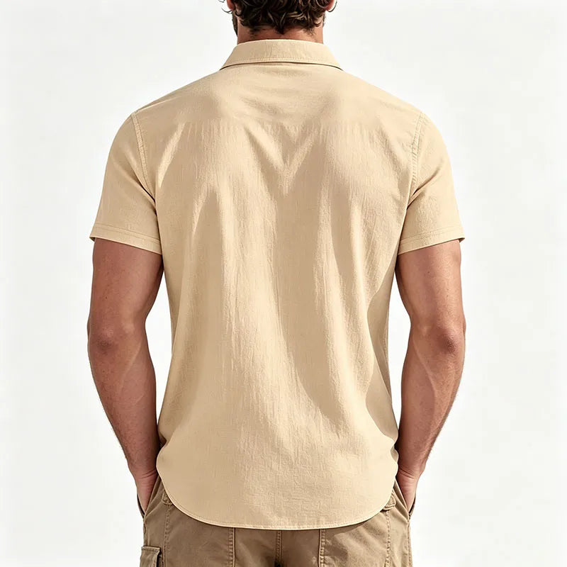 Back view of the beige linen-blend short-sleeve shirt