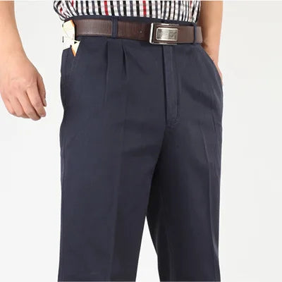 Close-up of navy double-pleat trousers