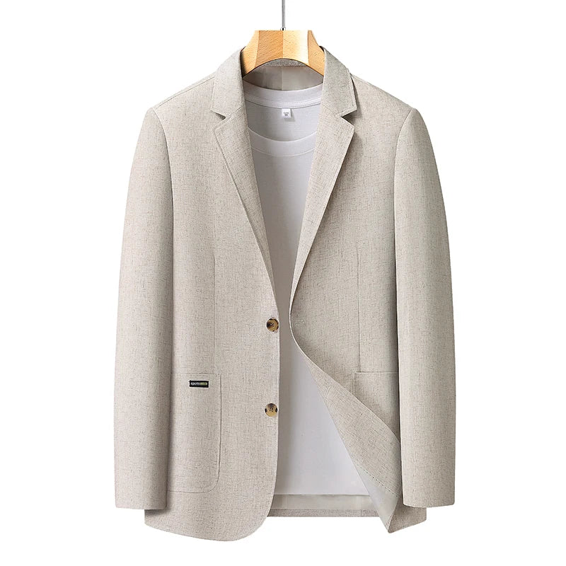 Apricot lightweight blazer displayed on a wooden hanger