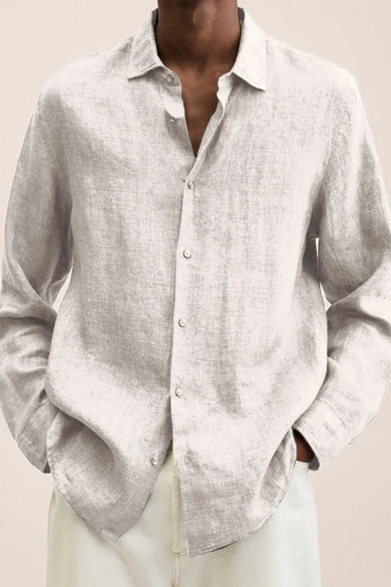 Man wearing a light-gray relaxed long-sleeve shirt