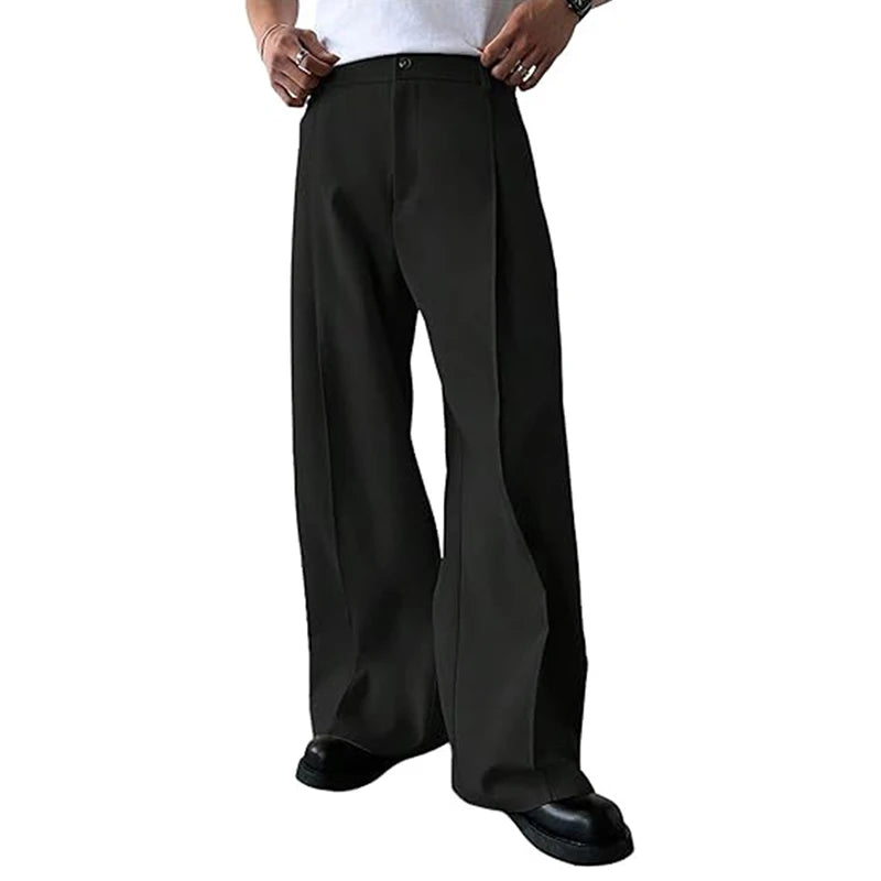 Black pleated straight-leg trousers on a plain background