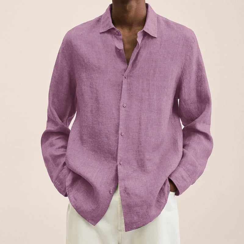Man wearing a pink relaxed long-sleeve shirt