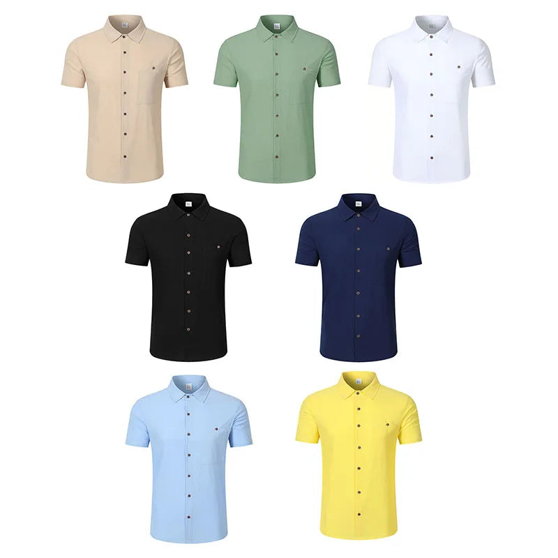 Seven color options for the linen-blend short-sleeve shirt