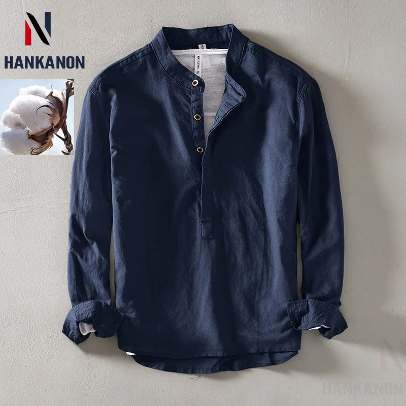 Navy Mandarin-collar linen shirt with long sleeves and partial placket