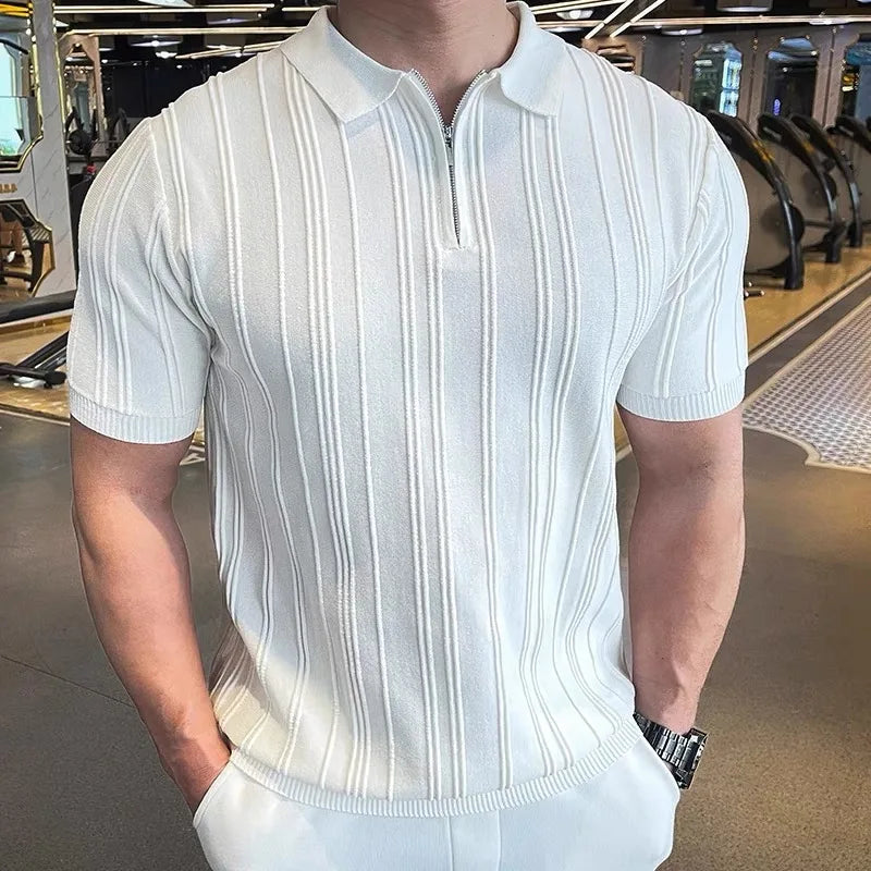 Man wearing a white jacquard zip polo
