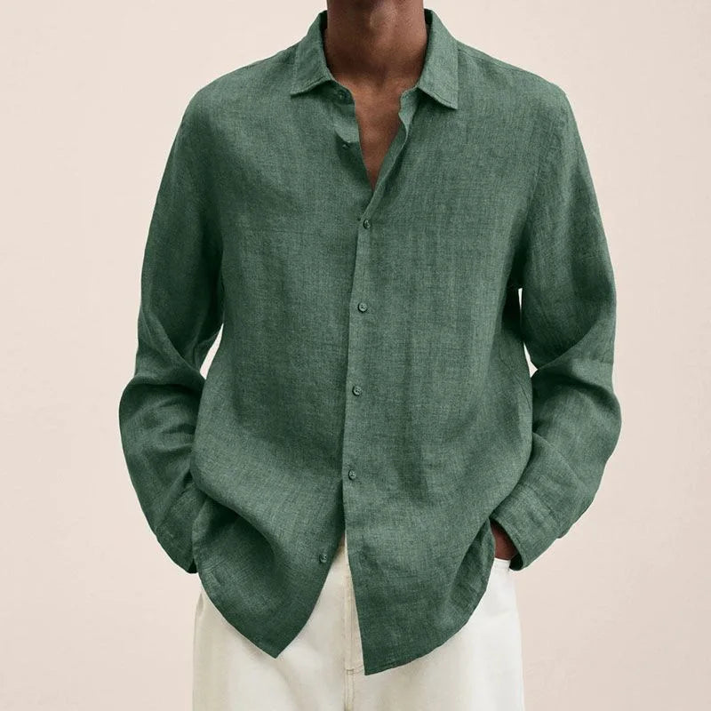 Man wearing a green relaxed long-sleeve shirt