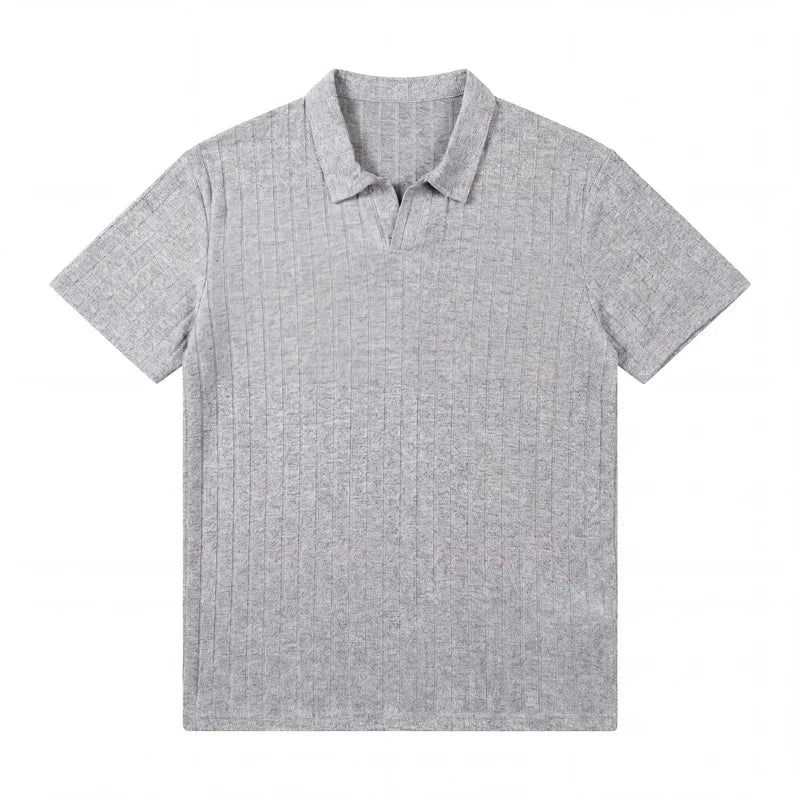 Light-gray ribbed knit polo on a plain background