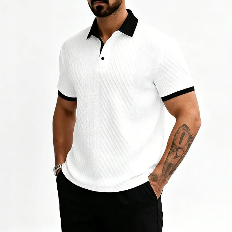Man wearing a white textured polo with black contrast trim