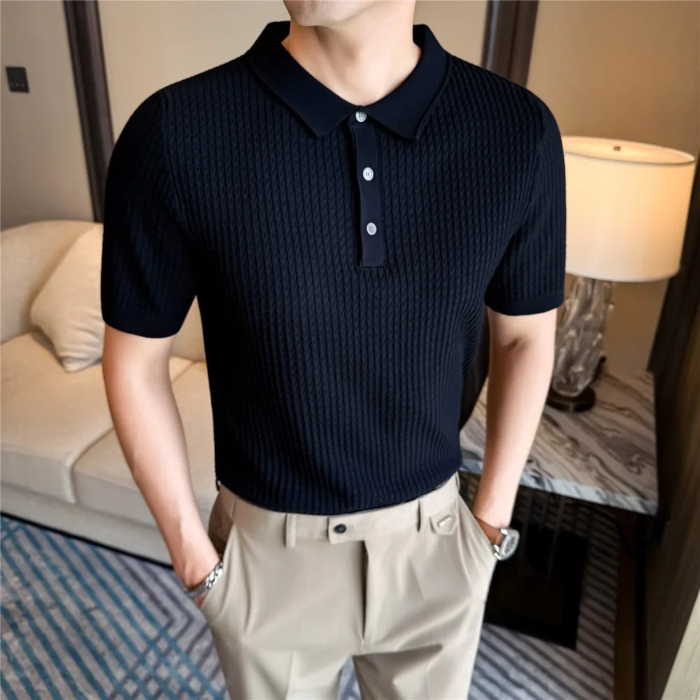 Man wearing a black slim-fit knit polo with contrast placket