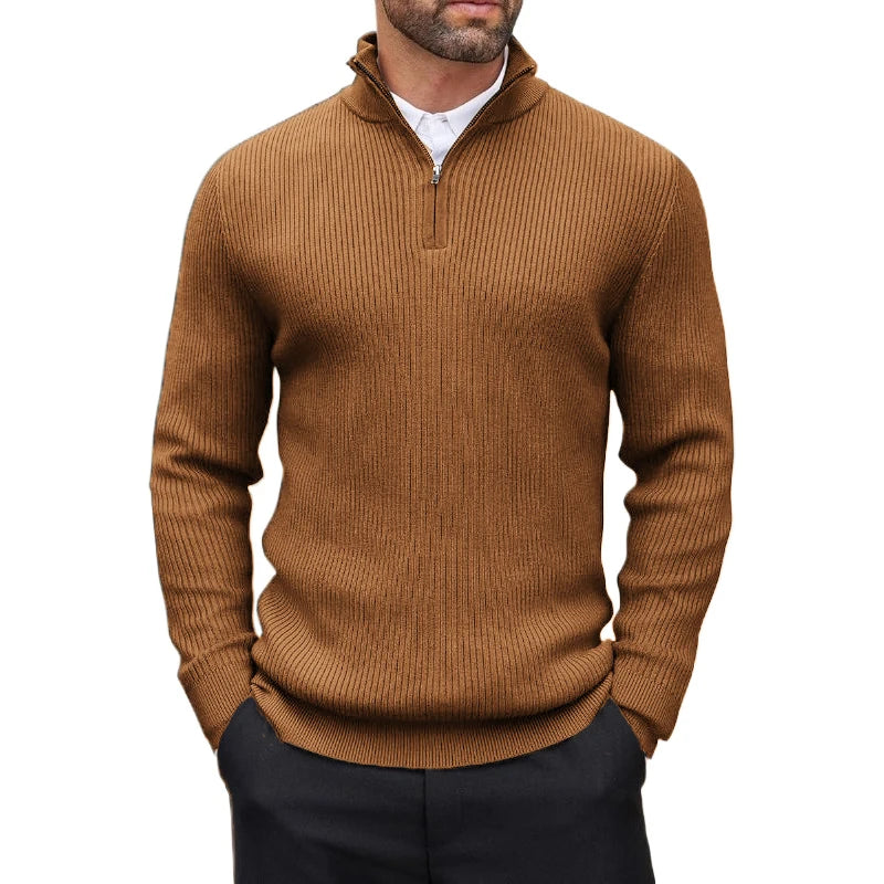 Man wearing a brown ribbed quarter-zip sweater