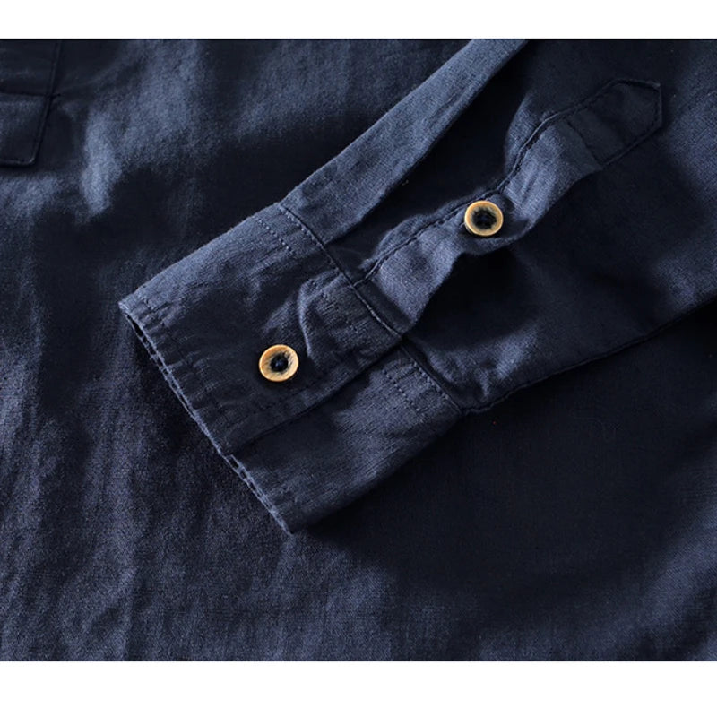 Close-up of the navy shirt cuff with button detail