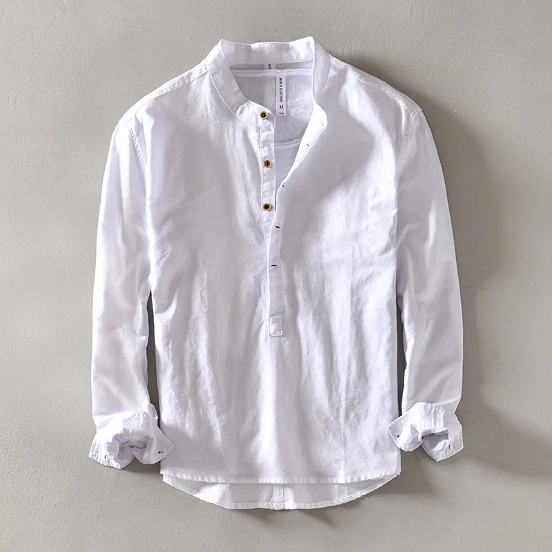 White Mandarin-collar linen shirt with buttoned cuffs