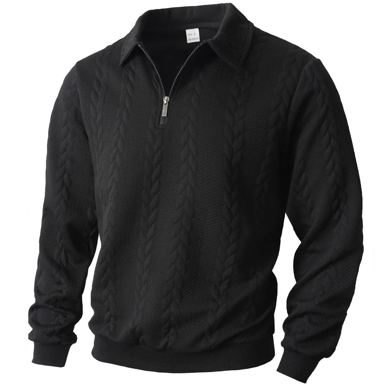 Black jacquard quarter-zip sweater with ribbed cuffs and hem