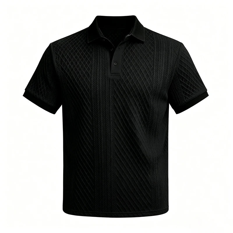 Black short-sleeve jacquard polo with tonal texture